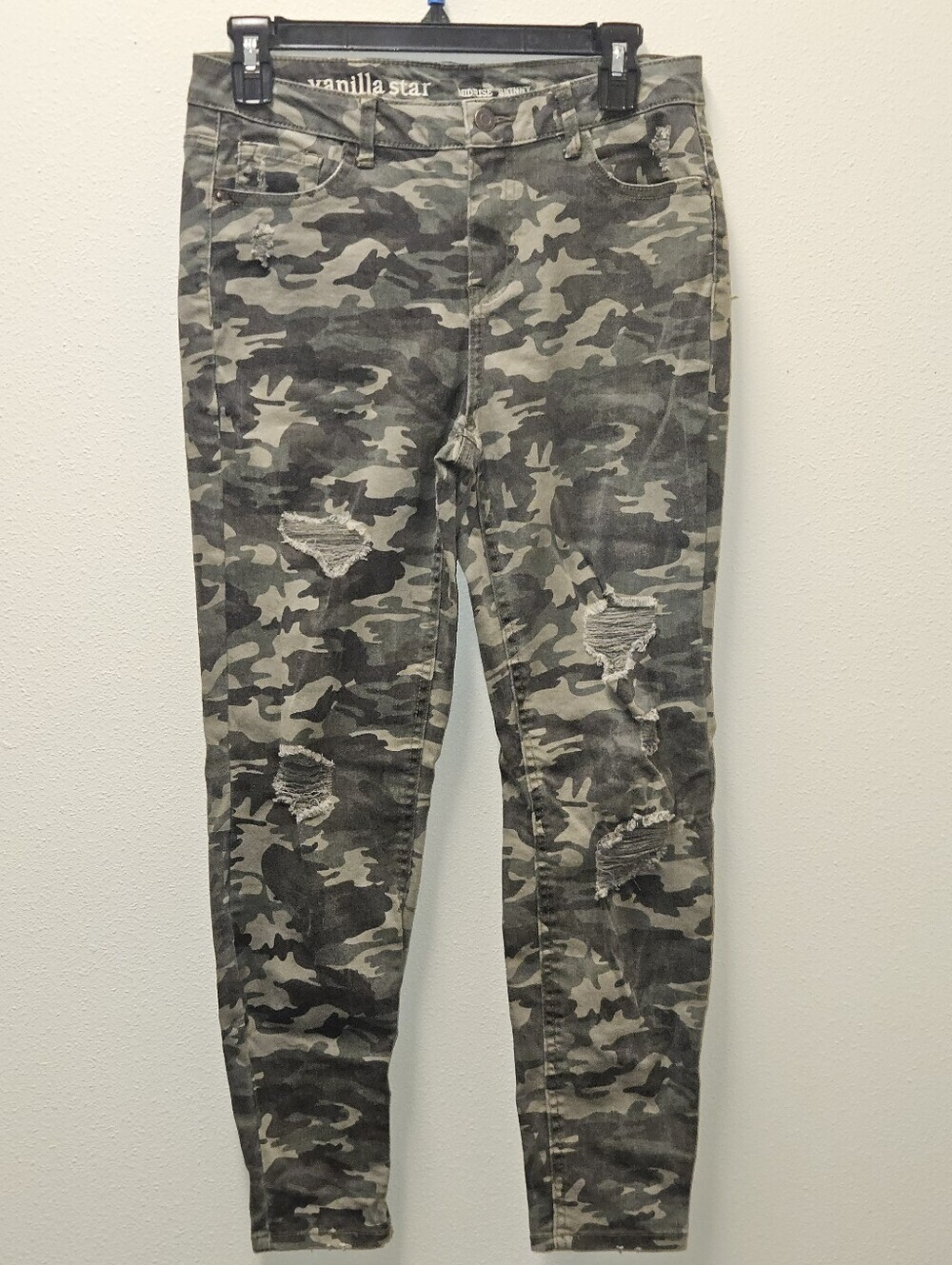 Vanilla Star Juniors Mid Rise Skinny Camo Print Distressed Pants Size 9